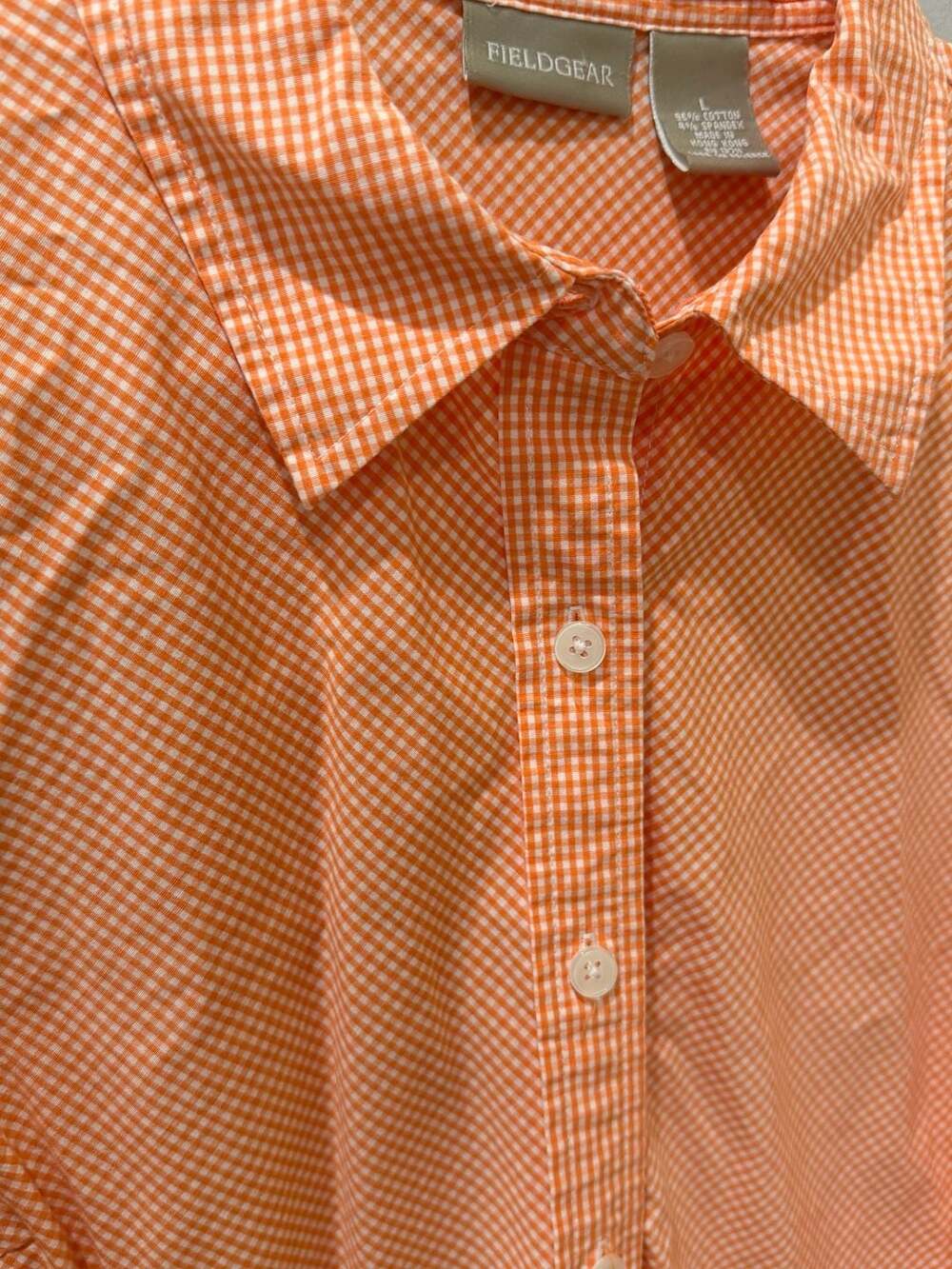 Orange and White Gingham 3/4 Roll-Tab Sleeve Button Down Shirt - size L